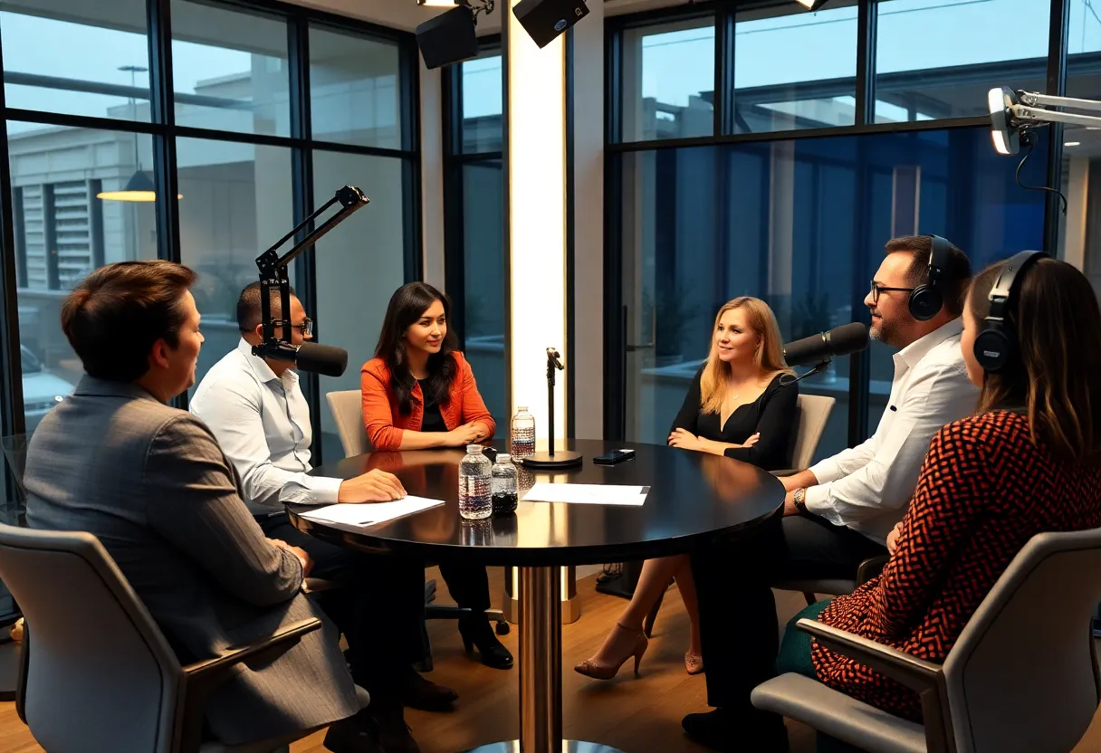 Diverse individuals engaged in a podcast recording about business.