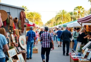 A bustling scene from the Punk Rock Flea Market in Knoxville with various vendors and attendees.