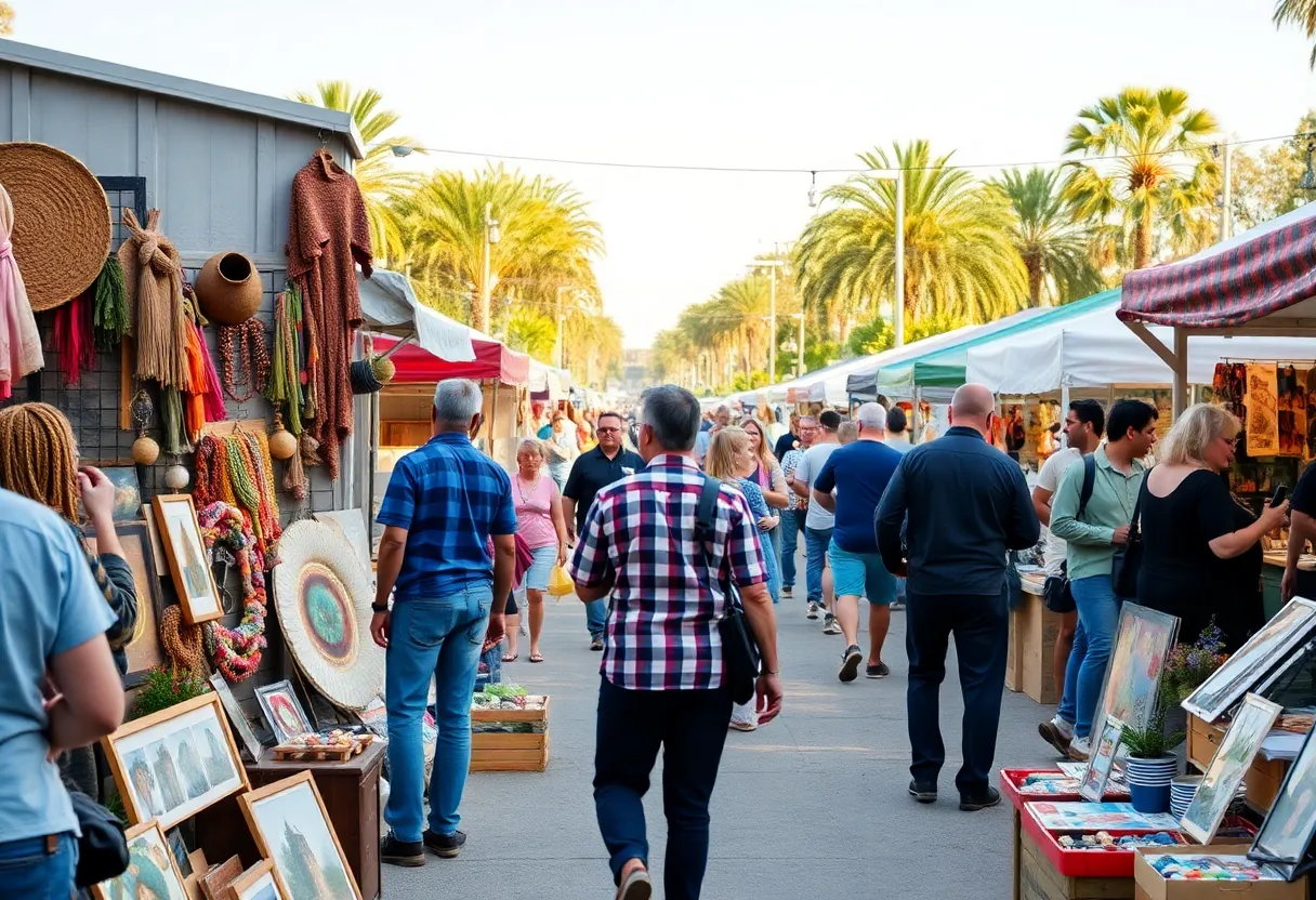 A bustling scene from the Punk Rock Flea Market in Knoxville with various vendors and attendees.