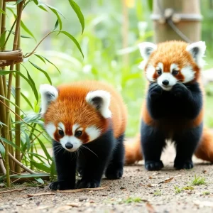 Two red panda cubs climbing and playing in their habitat at Zoo Knoxville.