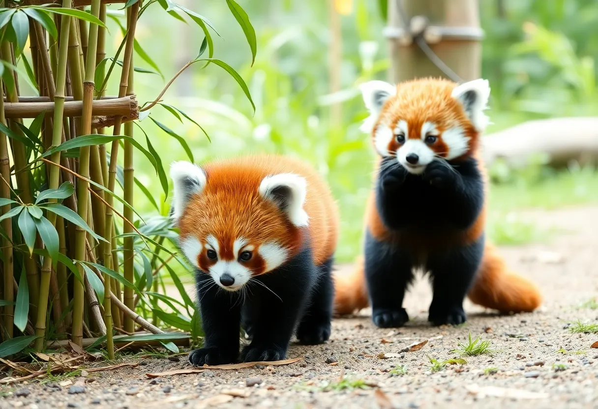 Two red panda cubs climbing and playing in their habitat at Zoo Knoxville.