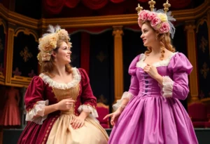 Theatrical scene from Sense and Sensibility featuring sisters in Regency-era costumes.