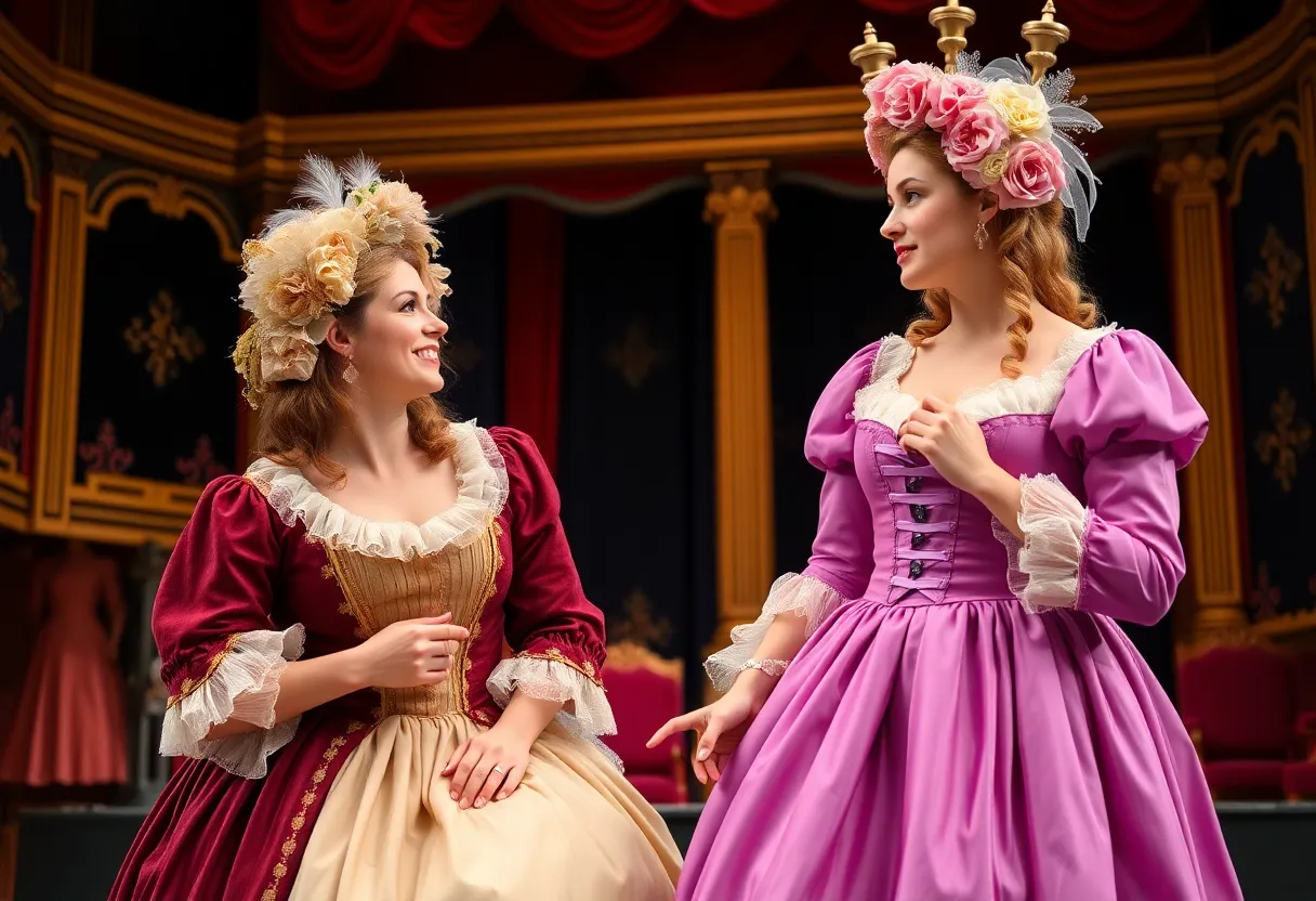 Theatrical scene from Sense and Sensibility featuring sisters in Regency-era costumes.