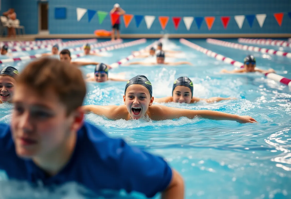 Swimmers training in a pool, demonstrating competitive spirit and teamwork.