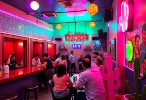 Interior of The Pink Cactus Karaoke Bar showing private rooms and vibrant decor