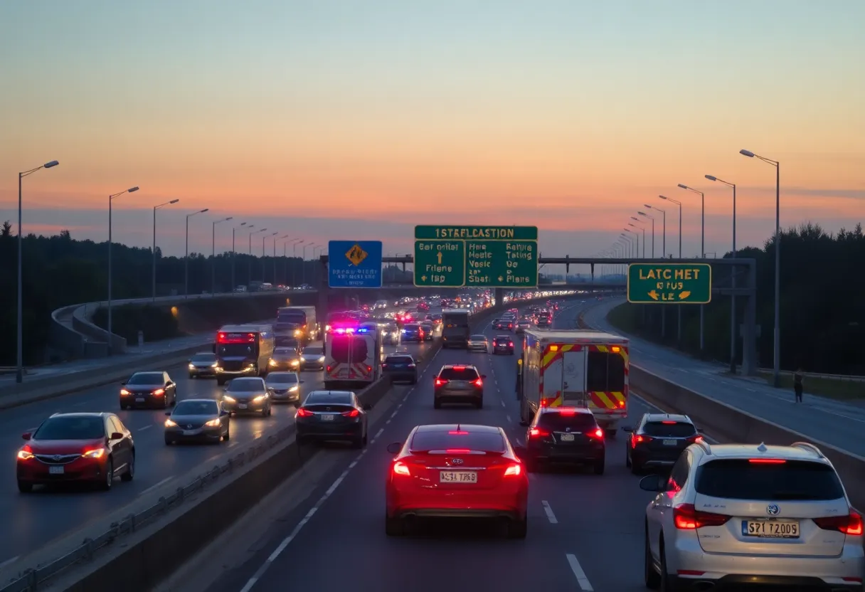Traffic congestion on Interstate 40 with emergency vehicles present