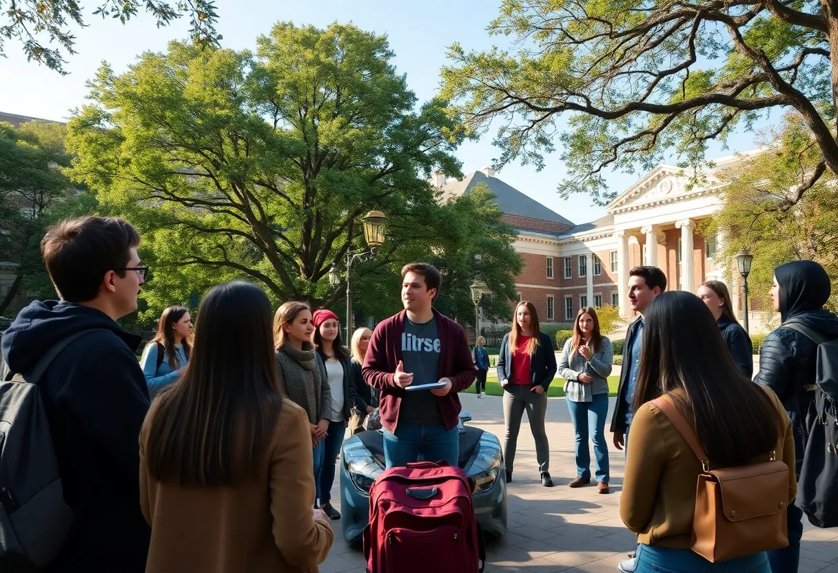 Students on campus discussing issues of free speech and academic freedom