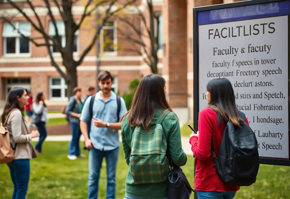 Students discussing issues related to faculty termination and free speech on campus.