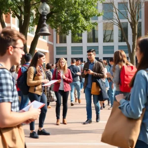 Students discussing on a university campus