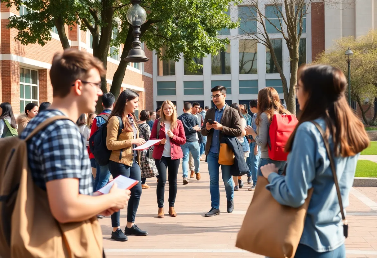 Students discussing on a university campus