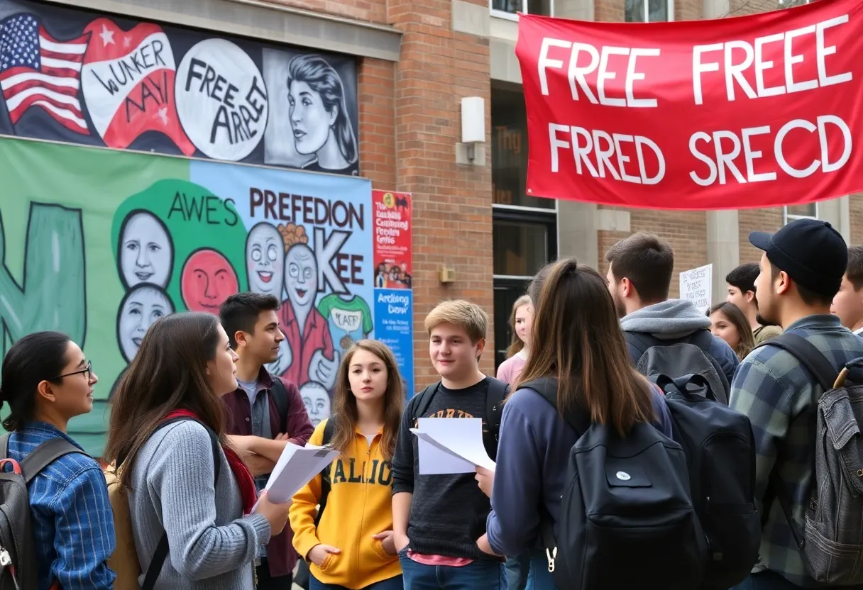 Students discussing free speech issues on university campus