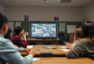 Students in a classroom discussing the Grand Theft Auto history course