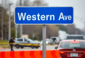 Road sign for Western Avenue with a blurry backdrop of a car accident scene