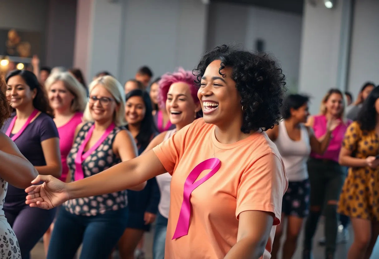 Diverse women participating in a community dance class for breast cancer awareness.