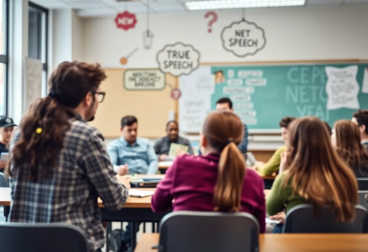 Students and teachers engaging in a classroom discussion about free speech and social media.
