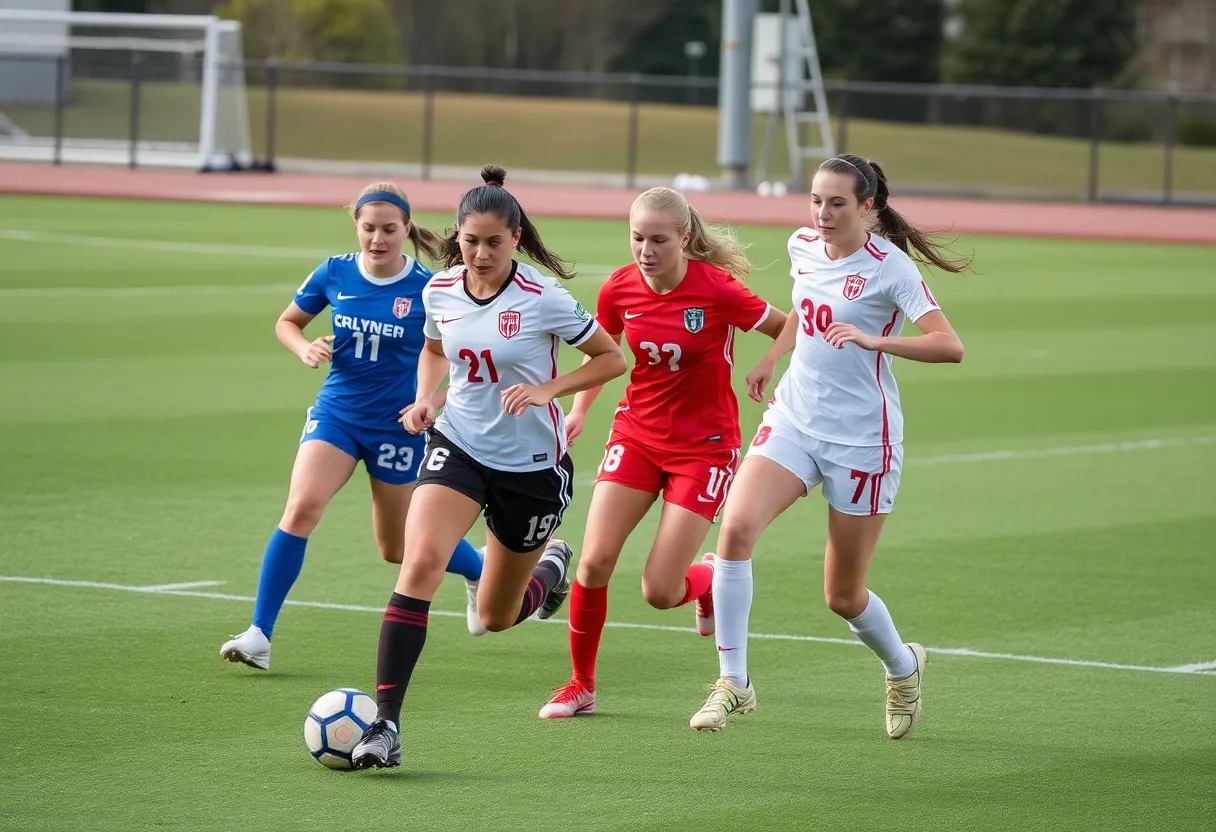 Female collegiate soccer players demonstrating teamwork on the field.