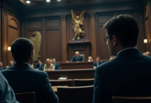 A courtroom with emotional tension symbolizing legal battles and controversy