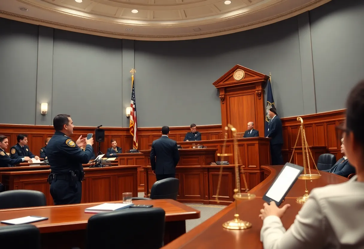 Illustration of a courtroom illustrating justice and law enforcement.