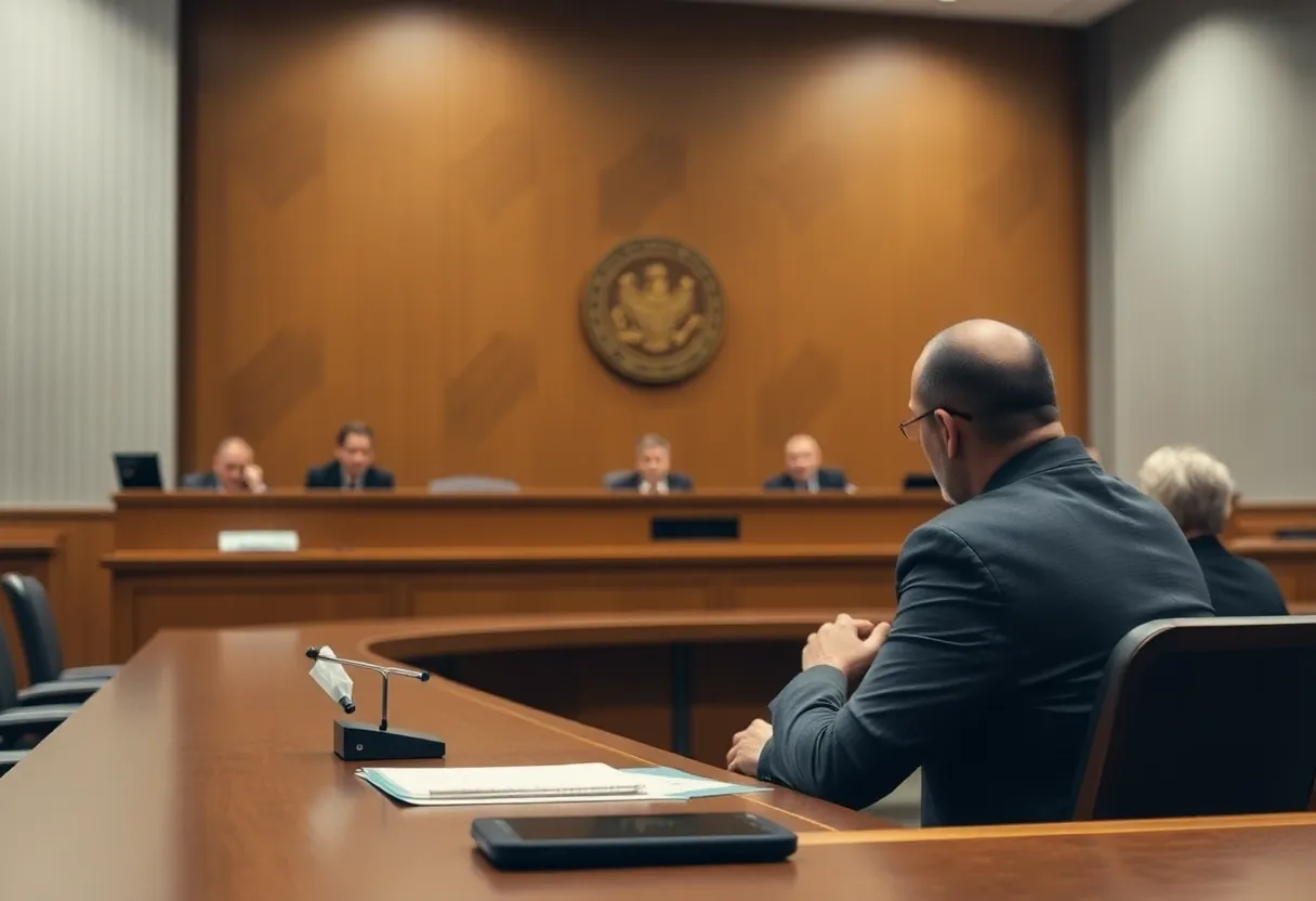 A courtroom scene showing a parole hearing with emphasis on serious crimes.