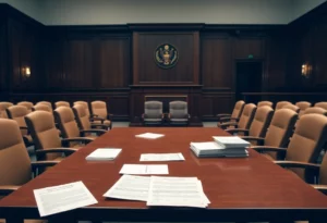 Empty courtroom with tables and legal documents
