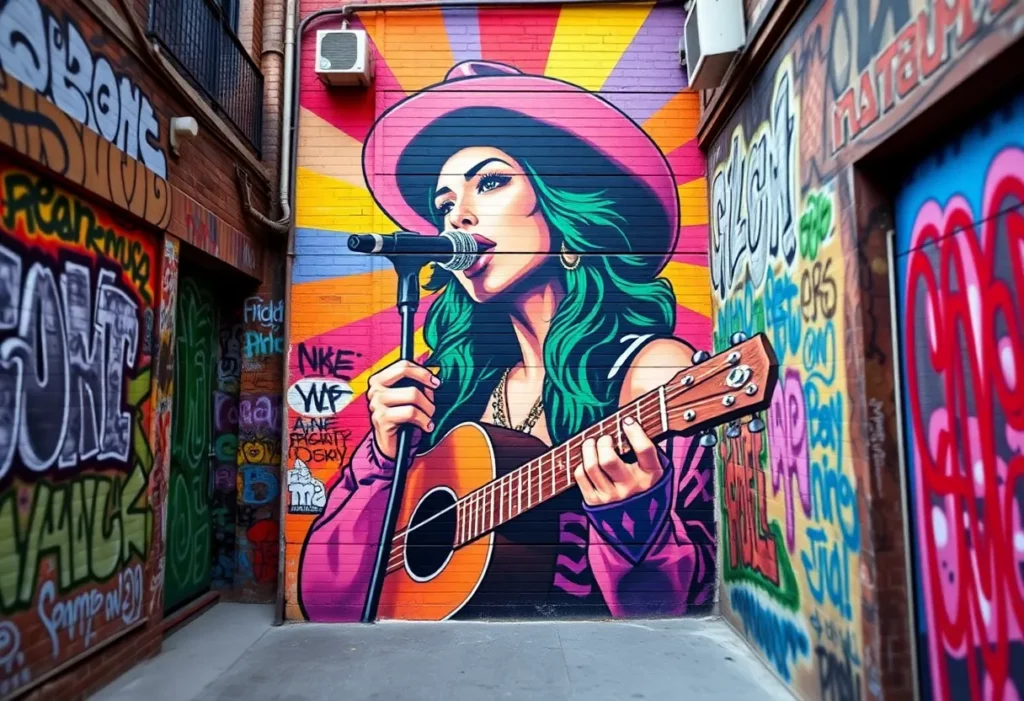 Restored Dolly Parton mural with colorful graffiti art