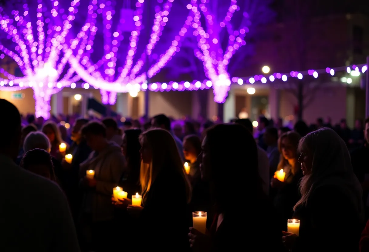 Community gathering for Domestic Violence Awareness with purple lights