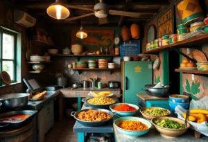 Interior of Dulcie's Cafe showcasing Jamaican food preparation and vibrant decor