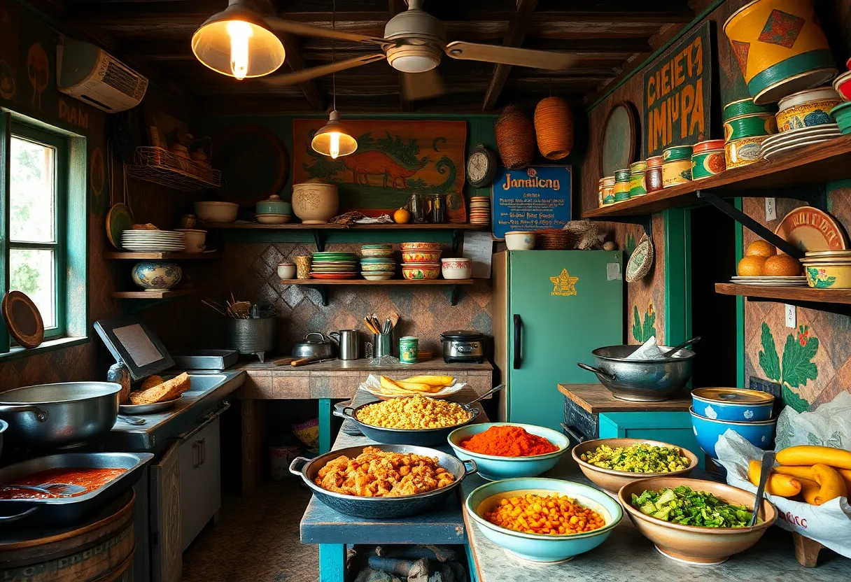 Interior of Dulcie's Cafe showcasing Jamaican food preparation and vibrant decor