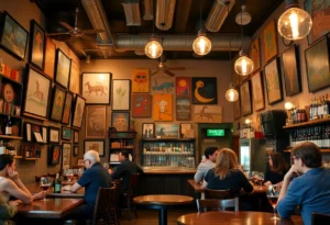 Interior of Flock Beer & Wine showing patrons enjoying drinks