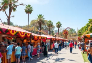 People celebrating at the HoLa Festival with Hispanic decorations and food booths.
