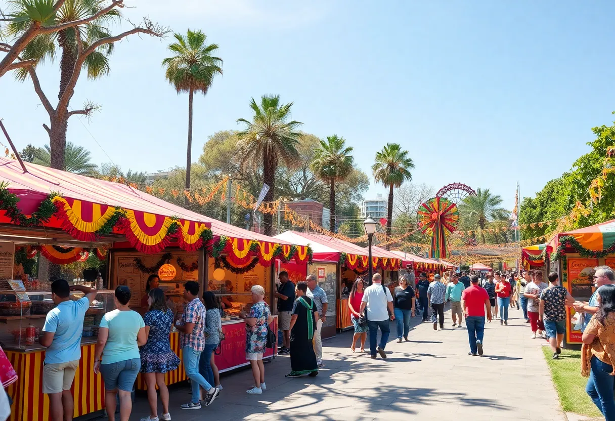 People celebrating at the HoLa Festival with Hispanic decorations and food booths.