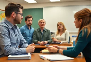 Teachers in a classroom discussing funding cuts