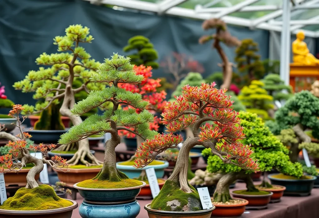 Showcase of bonsai trees at the Knoxville Bonsai Society exhibition.