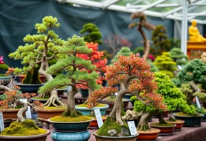 Showcase of bonsai trees at the Knoxville Bonsai Society exhibition.