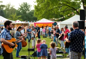 Musicians performing at the Knoxville Broadcast festival at World’s Fair Park.