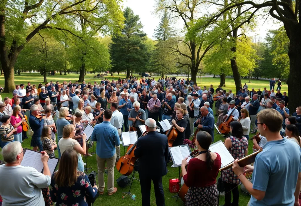 Image of Knoxville Broadcast spatial symphony with local musicians performing in a park.