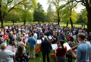 Image of Knoxville Broadcast spatial symphony with local musicians performing in a park.