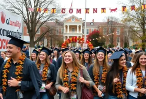 Alumni celebrating at Knoxville College's homecoming event with historic McKee Hall in the background.