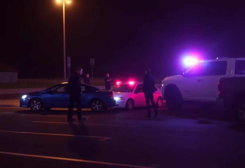 Police lights illuminating a parking lot where a confrontation occurred