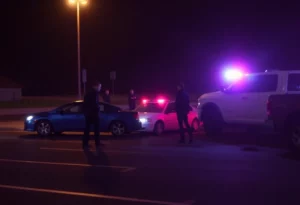 Police lights illuminating a parking lot where a confrontation occurred