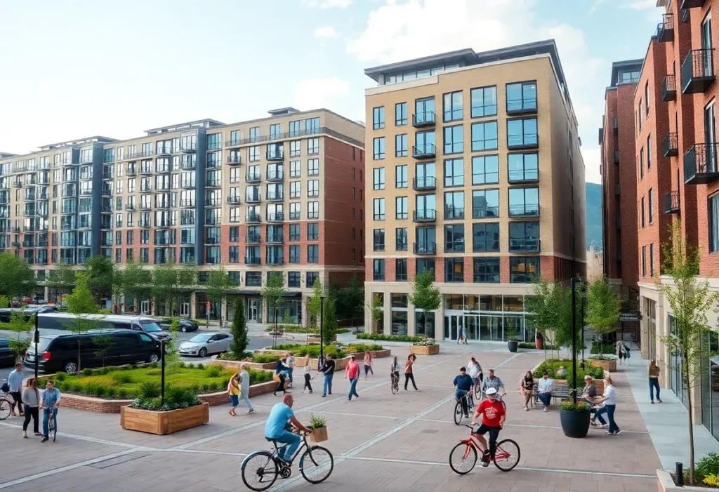 Urban development in Knoxville with plazas and apartments