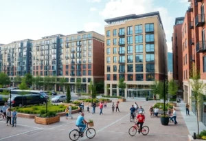 Urban development in Knoxville with plazas and apartments