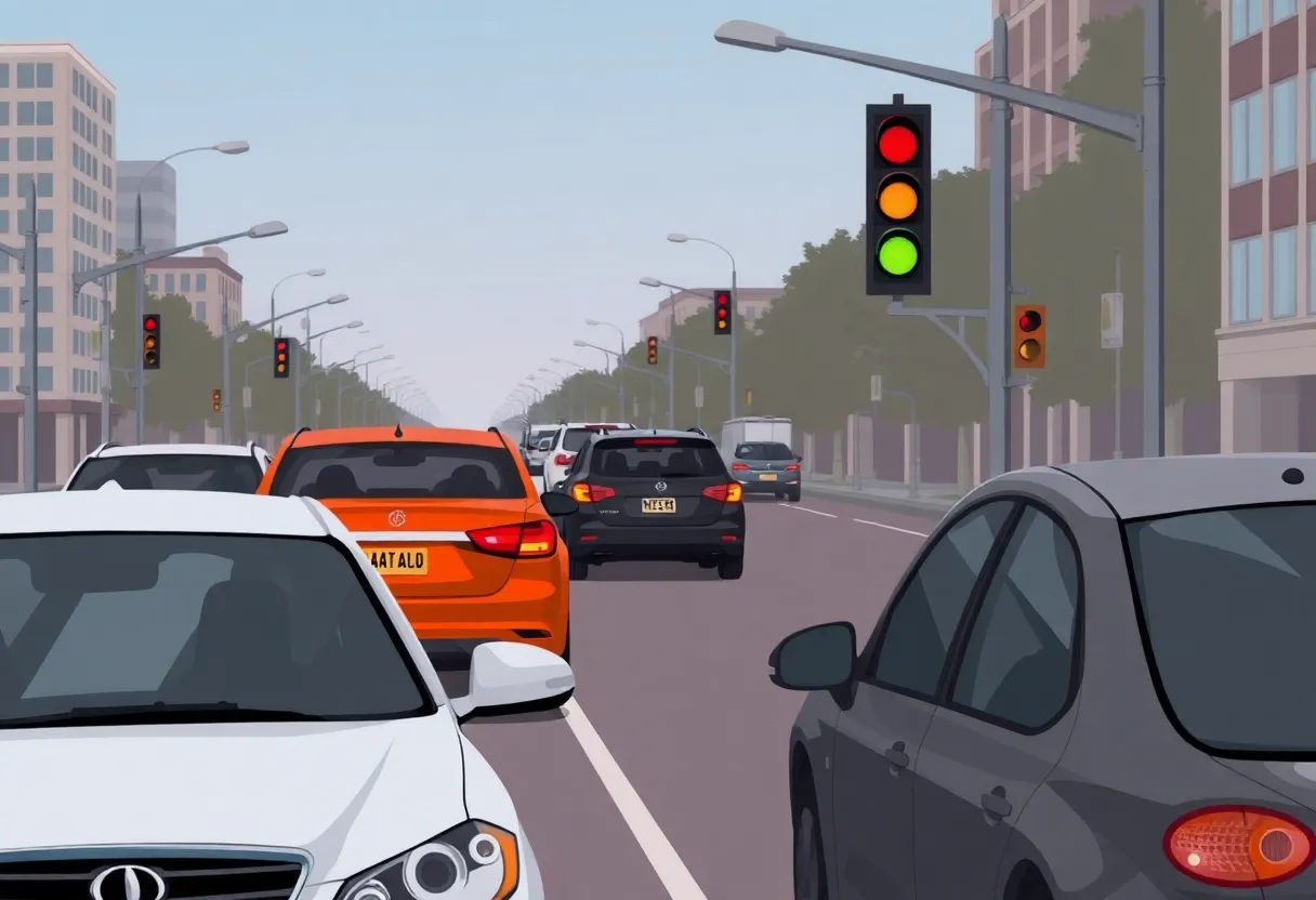 Illustration of a road rage incident in Knoxville featuring tense drivers at a traffic light.