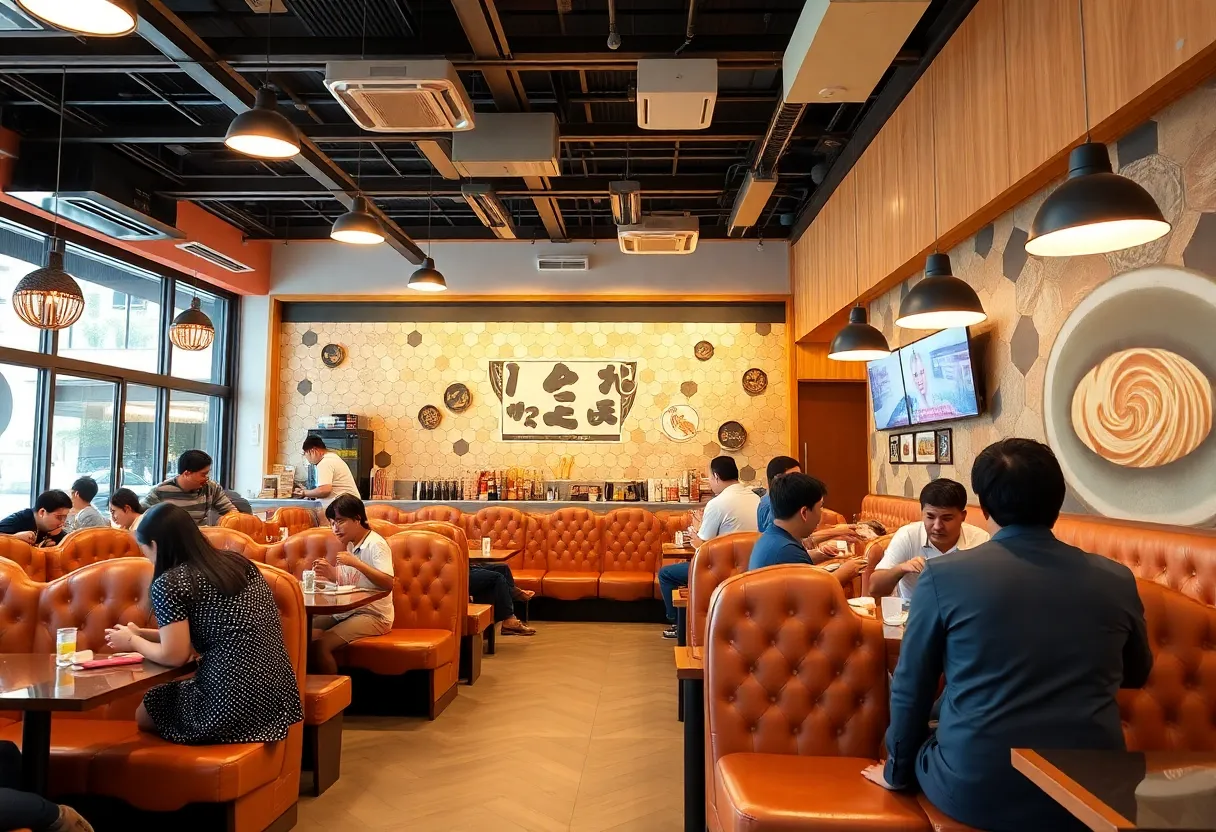 Interior of Kyuramen Nashville with diners enjoying ramen