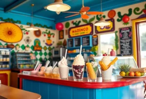 Interior of La Michoacana with colorful decor and ice cream display