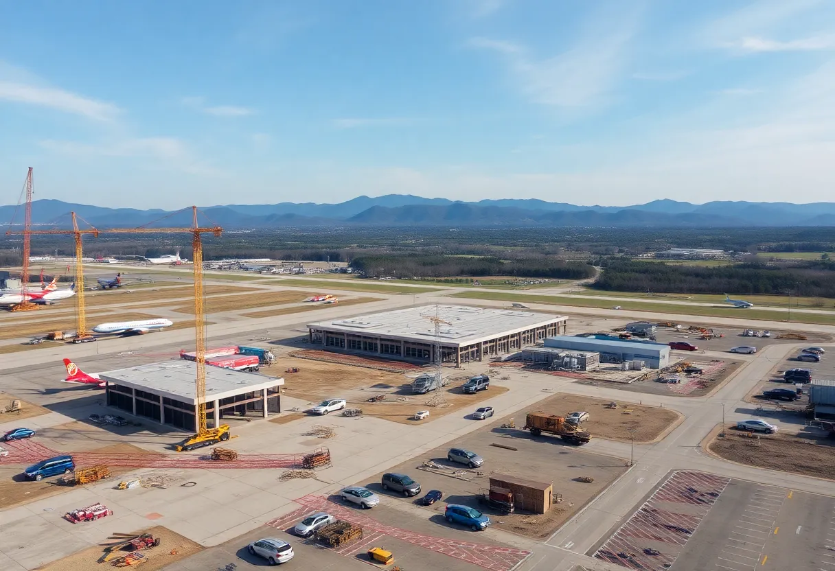 Construction site of McGhee Tyson Airport with cranes and workers