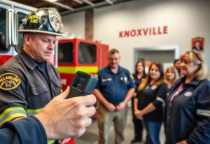 Microchip scanner demonstration at a Knoxville fire station with firefighters and community engagement.