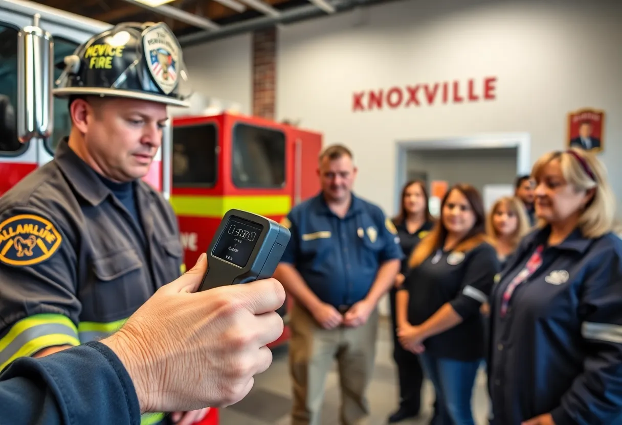 Microchip scanner demonstration at a Knoxville fire station with firefighters and community engagement.