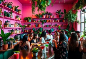 Inside view of Mother Bar in Knoxville with colorful drinks and plants