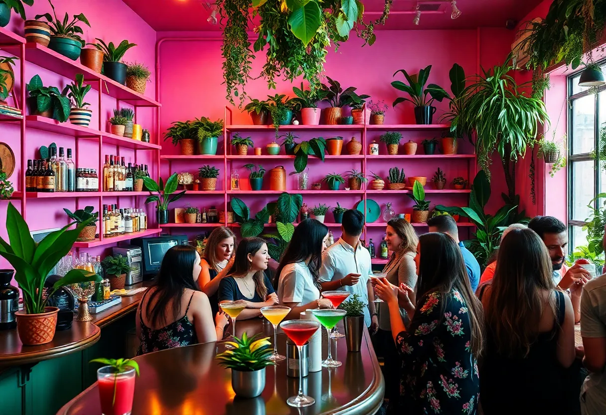 Inside view of Mother Bar in Knoxville with colorful drinks and plants